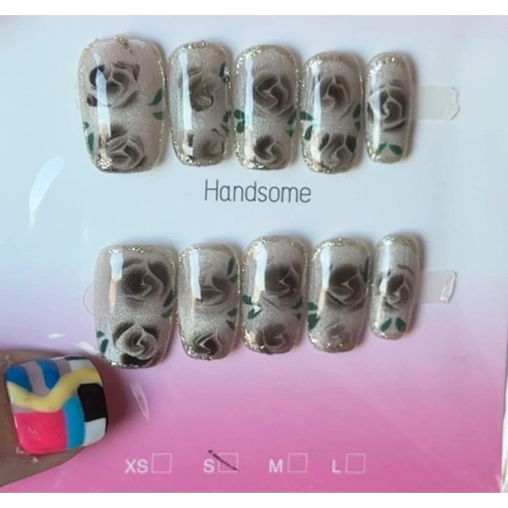 Purple Floral Short Square Press On Nails Size Small
